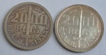 Duas moedas de 2000 réis, em prata, ano 1935, Duque de Caxias, escurecimento natural da prata