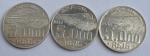 Três moedas em prata, 5000 réis, anos 1936, 1937 e 1938, Alberto Santos Dumont, SOB/FC