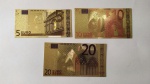 2. Numismática (3) Cédulas COLORIDAS de 5, 10 e 20 EUROS Com Banho de OURO. Cédulas Fantasia, 2002.