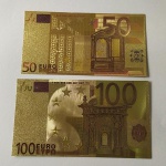 5. Numismática (2) Cédulas COLORIDAS de 50 e 100 EUROS Com Banho de OURO. Cédulas Fantasia, 2002