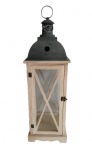 Lanterna para vela em madeira com vidros nas laterais e com parte superior em metal envelhecido trabalhado, Medida 22x22cm e 68 cm de altura. ATENÇÃO: Não pode ser enviada pelos correios.