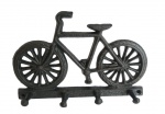 Cabideiro em ferro fundido com quatro ganchos e na forma de bicicleta.