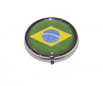 Porta comprimidos de metal com tampa do bandeira do Brasil em acrílico.