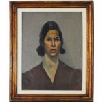 Giuseppe Gianinni Pancetti (Campinas, SP, 1902 - RJ, RJ, 1958), Retrato de Anita Caruso Pancetti (Esposa do artista). Assinado, cid e datado de 1939. 50 x 40 cm. No verso autorretrato do artista. José Pancetti, já em obras iniciais, produz "composições desenquadradas", desenvolvendo ângulos de enquadramento não usuais. Revitaliza, assim, não apenas a pintura de marinhas, mas também as demais composições paisagísticas e retratos. Conhecido como um dos grandes marinhistas brasileiros, cria imagens de grande intensidade poética, revelando muita sensibilidade no uso da cor.