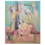 Harry Elsas (1925-1994). Figuras. Óleo sobre tela. Assinado, cid, datado 1952. 73 x 60 cm. Muralista, gravador, pintor. Inicia a carreira artística como autodidata. Reside no Brasil desde 1936 e é fortemente influenciado pela cultura regional do Nordeste. Em 1945, é orientado por Lasar Segall e realiza sua primeira mostra individual no Ministério da Educação e Cultura, MEC, Rio de Janeiro. A partir de 1970, fixa-se em São Paulo e executa murais para o Banco Safra, 1971, e Banco Cidade de São Paulo, 1976.