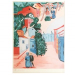 Cícero Dias (1907 - 2003). Paisagem Urbana com Figuras. Serigrafia. Tiragem 107/120. Assinado, cie. 62 x 45 cm. Pintor, gravador, desenhista, ilustrador, cenógrafo e professor. Transita por diferentes vertentes da pintura ao longo de sua carreira e destaca-se por ser um artista em uma busca constante por diversas formas de se expressar. Inicia estudos de desenho ainda em sua terra natal. Em 1920, muda-se para o Rio de Janeiro, onde se matricula, em 1925, nos cursos de arquitetura e pintura da Escola Nacional de Belas Artes (Enba), mas não os conclui. Inicia a carreira artística nessa época, quando são introduzidas as tendências de vanguarda no Brasil. Liga-se aos intelectuais do movimento regionalista de 1926, que ocorre no Recife, em resposta à Semana de Arte Moderna de 22. No começo, Cicero Dias produz principalmente aquarelas, nas quais representa um universo de sonhos, inquietante. Os personagens, em escala diferente das paisagens, e também os objetos, apresentam muita leveza, frequentemente flutuam, como se observa nas telas O Sono (1928), O Sonho da Prostituta e Mulher Nadando, (ambas de 1930). São imagens que evocam o mundo do inconsciente, nas quais o erotismo é frequente. Estas são representadas com grande delicadeza no desenho e em uma gama cromática muito rica. Na opinião do crítico Antonio Bento, sua obra relaciona-se ao surrealismo e também a um imaginário fantástico nordestino, em que mitos e fábulas estão presentes nas manifestações artísticas e na literatura de cordel. Expõe o polêmico painel Eu Vi o Mundo... Ele Começava no Recife, no Salão Revolucionário, na Enba, em 1931, do qual participam artistas de vanguarda. Com cerca de 15 metros de comprimento e produzida em papel kraft, a obra apresenta uma série de pequenas cenas, românticas e eróticas, que retomam o universo presente nas aquarelas, numa espécie de devaneio onírico, impregnado de forças misteriosas do inconsciente. O painel causa tanto furor que é censurado e tem uma parte cortada (restaurada mais tarde em Paris). Esse painel é considerado a obra-prima de Cicero Dias. Em 1933, ilustra o livro Casa Grande & Senzala, do sociólogo Gilberto Freyre (1900-1987), de quem é amigo. Em 1937, é preso no Recife quando da decretação do Estado Novo, por sua simpatia pelo Partido Comunista. Perseguido pelo regime e incentivado pelo pintor Di Cavalcanti (1897-1976), Cicero Dias viaja para Paris, onde passa a ter contato com pintores franceses como Georges Braque (1882-1963), Fernand Léger (1881-1955) e Henri Matisse (1869-1954), e torna-se amigo do pintor espanhol Pablo Picasso (1881-1973). Apesar da mudança, o tema e a técnica de seus quadros continuam ligados a Pernambuco: o artista mantém a luz e a cor de suas paisagens, como em Mulher na Janela (1939). Em Portugal, a partir de 1943, inicia uma pesquisa comparativa entre a cultura portuguesa e a brasileira, estuda arte popular, arquitetura, escultura e pintura. Nessa época, pinta quadros que têm por motivos elementos vegetais, como Galo ou Abacaxi e Mamoeiro ou Dançarino (ambos de 1940), em que tem como ponto de partida o gênero da natureza-morta, trabalhando com o ilusionismo de forma irônica. Outras de suas obras revelam o impacto causado pelo quadro Guernica (1937), de Picasso: Mulher Sentada com Espelho (1940) e Duas Figuras (1944). Também produz obras que apresentam um diálogo entre o figurativo e a abstração. Apesar do geometrismo, aparecem a vegetação, o canavial e o mar, como em Mormaço (1941) e Praia (1944). Retorna à França em 1945 e integra o grupo abstrato Espace, da Escola de Paris, até 1950. Pinta, em 1948, os primeiros murais abstratos da América Latina, para o então Conselho Econômico do Estado de Pernambuco (depois chamado de Secretaria da Fazenda), no Recife. Neles, aproveita, como sempre, elementos da paisagem do Nordeste: canavial, jangadas, o vermelho dos telhados, mas submetendo-os a um processo do qual resultam formas simples e ricas de sugestões poéticas. Após 1950, predominam os quadros abstratos, em que se destacam as formas fechadas, retangulares ou tendendo à circularidade, e a preocupação com a luz e as cores claras, em uma gama cromática evocativa da natureza nordestina, como em Composição II (1951). Para o crítico Mário Carelli (1951-1994), na abstração, o artista baseia-se em estruturas vegetais, em que as formas geométricas refletem uma cristalização perfeita, como em Meridianos ou Relações Incertas (ambos de 1953). Paralelamente aos quadros abstratos, realiza outros, de caráter lírico. Estes apresentam, em sua maioria, figuras na paisagem, com rostos sutilmente iluminados, com cores suaves e uso especial do branco, como em Casal e Cena de Olinda (ambos de 1950). Volta com maior intensidade à pintura figurativa na década de 1960. Permanecem em seus quadros o clima de sonho e os elementos recorrentes: mulheres, casarios, folhagens, e é constante a presença do mar. Usa frequentemente tons de rosa e azul. Em relação à fase figurativa do início da carreira, observa-se que a gestualidade dos personagens é contida e há mais sensualidade do que erotismo, como em Barqueiro e Moça no Barco (ambos de 1980). Recebe do governo francês a Ordem Nacional do Mérito da França, em 1998, aos 91 anos. Cícero Dias explora diferentes vertentes em sua produção, influenciando e se deixando influenciar pelas vivências que tem ao longo de sua carreira. Nesse caminho, o artista corre o mundo sem deixar para trás suas origens, construindo uma obra diversificada e autoral.