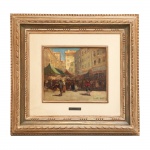 Attilio Pratella (1856-1949). Feira napolitana. Óleo sobre madeira. Assinado, cid. 22 x 27 cm.