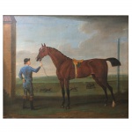 Jóquei com cavalo. Óleo sobre tela. Sem assinatura. 100 x 123 cm. (Reentelado).