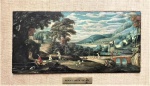 Marten Ryckaert (1587-1631). Paisagem. Óleo sobre madeira. Com selo no verso. 13,5 x 28 cm.