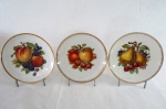 MITTERTEICH, BAVARIA - Trio de pratos em fina porcelana alemã, decorados ao centro com penca de frutos e borda em dourado, marcado na base. Med. 29 cm cada.
