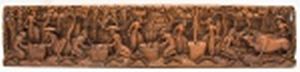 Talha em madeira com figurada tridimensionais  proveniente da Indo - China, reportando trabalhos rurais (com bois, pilão, e transportando colheitas). Medidas 21 x 100 cm.
