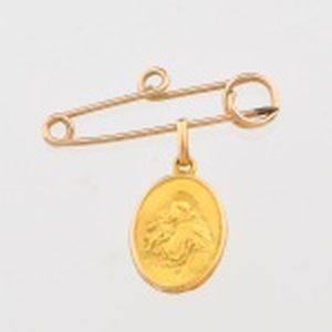 Alfinete de metal amarelo com uma medalhinha Santo Antônio em ouro 18 k pesando 0,3 g