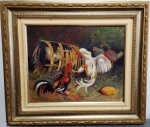 NILO SIQUEIRA - OST - ACID - Rinha de Galo -  ricamente emoldurado, linda moldura .Poemas no verso .Mede: C/M: 73x63 cm e S/M : 49x40 cm