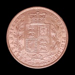 Moeda da Inglaterra -1 Libra / Sovereign - Rainha Victoria com Brasão - 1862 - Ouro(.917)  7.98g  Linda peça , com excelente Estado de Conservação.