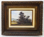 QUADRO - Óleo sobre madeira, "Paisagem". Assinatura não identificada. Moldura entalhada em madeira com resquicios de douração. Med. 16x21 cm e 35x40 cm.