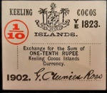 KEELING COCO ISLANDS 1/10 RUPEE 1902 SOB . VALOR ESTIMADO EM CATALOGO PARA SOB 100 DOLARES ( 580,00 REAIS ) PEÇA PARA COLECIONADOR EXIGENTE . MUITO ESCASSO .