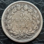 FRANÇA 5 FRANCOS 1834 B PRATA .900%  25,00 GRAMAS, 37 MM. CUNHADA EM ROUEN .