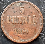 FINLANDIA 5 PENNIÃ 1866 COBRE 6,4 GRAMAS, 25 MM