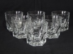 DURALEX - Seis (6) copos para água em vidro translúcido, base maciça sextava, lapidação de arcos na parte inferior. Marcados no fundo. Alt. 8,5cm.