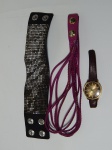 Três peças: Duas pulseiras em tecido manufatura SWAROVSKI e um relógio suíço marcado MIDO, no estado.