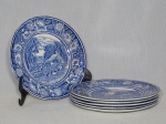 Seis pratos para lanche, faiança inglesa azul e branca decorada com cena rural. Marca da Manufatura W.R. MIDWINTER.  Diam. 17cm