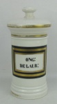 Pote de farmácia em porcelana Vieux Paris com o nome da droga "ONG: DE LAUR:". Detalhes em dourado, com desgastes. Alt. 26cm.