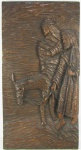Zé Rodrigues - Placa em madeira entalhada com representação de São José e Maria caminhantes. Assinado. Med. 60x32 cm.