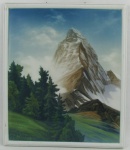 Placa retangular em porcelana alemã, com marca da manufatura Rosenthal no verso, decorada com pintura de paisagem com montanhas em policromia. Med. 23x19,5cm.