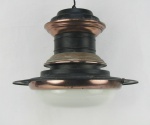 Luminária de teto, na forma de antigos lampiões de rua, em metal cobreado e metal patinado de preto. Marcas do tempo. Med. 27,5x34,5 cm.