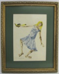 CLOVIS GRACIANO - MENINA COM PÁSSARO - TECNICA MISTA - 26X21cm. Dat. 68.