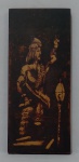 Tábua decorativa para parede em eucatex, com desenho de figura masculina e moldura em madeira. Medida altura 35 cm, largura 15 cm e profundidade 2 cm.