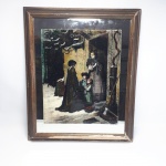 Antigo quadro espelhado com pintura e quadro em madeira, vendido no estado conforme fotos. Mede 47 x 57 cm.