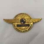 ANTIGO BREVÊ (Junior Clipper Stewardess) da PAN AMERICAN WORLD AIRWAYS. Feito em Latão dourado com detalhes pintados. Mede aprox. 06 cm entre as asas. Pela pesquisa feita em https://www.flyingtigerantiques.com/great-1940s-pan-am-paa-junior-clipper-stewardess-wing.html  consta ser uma peça de 1940. Em perfeito estado de conservação.