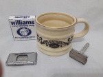 Vintage Caneca de barbear BarberShop 8 x 10 cm, aparelho Gillette antigo de montar, porta Gillettes Platinum-Plus e sabão de barbear Williams novo, na embalagem original