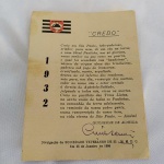 MILITARIA  (R013) - CREDO PAULISTA COM A ASSINATURA DE GUILHERME DE ALMEIDA<br>Poema `Credo` Paulista de autoria de Guilherme de Almeida, divulgado no aniversário da Cidade de São Paulo em 25 de janeiro de 1960 pela Associação de Veteranos de 32 MMDC. Mede aprox. 12,7 x 9,4 cm.