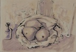Carlos Scliar (1920, Santa Maria, RS - 2001, Rio de Janeiro, RJ), "Natureza morta". Técnica mista sobre papel (nanquim, guache e lápis). Assinado. Datado 14.05.1946.  Med 21 x 30 cm  (MI); 48 x 57 cm  (ME.). Presença de sujidade e acidez sobre o papel. Acervo Particular Rio de janeiro/RJ. Ex coleção Alfredo Souto de Almeida. Nota Biográfica: foi um destacado desenhista, gravurista, pintor, ilustrador, cenógrafo, roteirista e designer gráfico brasileiro. ... Pintou quadros, mas também fez murais e até ilustrou vários bilhetes da Loteria Federal, premiados com sua arte.