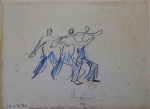 Iberê Camargo - Iberê Bassani de Camargo (Restinga Seca RS 1914 - Porto Alegre RS 1994),"Regimento Marechal Caetano de Faria". Técnica mista sobre papel.(lápis HB e giz de cera). Assinado e datado 17.12.1980.  Acidez sobre o papel, com pontos mais aparentes. Med. 23 x 31 cm; Coleção Particular  Alfredo Souto de Almeida - Rio de Janeiro/RJ   Nota Biográfica:  Pintor, gravador, desenhista, escritor e professor. Em 1928 estuda pintura com Frederico Lobe e Salvador Parlagreco (1871-1953) na Escola de Artes e Ofícios, em Santa Maria, Rio Grande do Sul. Entre 1936 e 1939, em Porto Alegre, faz o curso técnico de arquitetura do Instituto de Belas Artes de Porto Alegre e estuda pintura com Fahrion (1898-1970). Muda-se para o Rio de Janeiro em 1942 e, com bolsa de estudos concedida pelo governo do Rio Grande do Sul, freqüenta por pouco tempo a Escola Nacional de Belas Artes - Enba. Não satisfeito com a proposta acadêmica, estuda com Guignard (1896-1962) e funda, em 1943, com outros artistas, o Grupo Guignard. Em 1947 recebe o prêmio de viagem ao exterior e vai para a Europa no ano seguinte. Em Roma, estuda com Giorgio de Chirico (1888-1978), Carlos Alberto Petrucci, Antônio Achille e Leone Augusto Rosa, e em Paris, com André Lhote (1885-1962). Volta ao Brasil em 1950 e, em 1952, torna-se membro da Comissão Nacional de Artes Plásticas. Funda, em 1953, o curso de gravura do Instituto Municipal de Belas Artes do Rio de Janeiro, hoje Escola de Artes Visuais do Parque Lage - EAV/Parque Lage. Em 1954, participa com Djanira (1914-1979) e Milton Dacosta (1915-1988), da organização do Salão Preto e Branco e, no ano seguinte, do Salão Miniatura, ambos realizados em protesto às altas taxas de importação de material artístico. Promove curso livre de pintura no Theatro São Pedro, em Porto Alegre, em duas temporadas entre 1960 e 1965. Em 1966 executa painel de 49 metros quadrados oferecido pelo Brasil à Organização Mundial de Saúde (OMS), em Genebra. A partir de 1970, leciona na Escola de Belas Artes da Universidade Federal do Rio Grande do Sul - UFRGS. Em 1980 Iberê Camargo mata a tiros um homem que o agride na rua. É absolvido sob o argumento de legítima defesa, mas o episódio marca profundamente sua vida e sua obra. Em 1986, recebe o título de doutor honoris causa da Universidade Federal de Santa Maria - UFSM. Entre suas publicações, constam o artigo Tratado sobre Gravura em Metal, 1964, o livro técnico A Gravura, 1992 e o livro de contos No Andar do Tempo: 9 contos e um esboço autobiográfico, 1988.