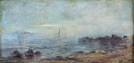 Castagneto -  Giovanni Battista Felice Castagneto (Gênova, Itália 1851 - Rio de Janeiro, Rio de Janeiro, 1900) , "Sem título".  Óleo sobre tela. Assinado. Med 18 x 34,5 cm (MI), 37 x 54,5 cm (ME). Sujidade sobre a camada pictórica. Obra com a camada pictórica "over cleaned". No estado. Coleção Hofmann - Rio de Janeiro /RJ. Nota Biográfica: Pintor, desenhista, professor.Giovanni Battista Felice Castagneto exerceu a profissão de marinheiro em Gênova. Acompanhado de seu pai, vem para o Rio de Janeiro em 1874. Em 1878, matricula-se nos cursos de desenho figurado, desenho geométrico e matemática na Academia Imperial de Belas Artes - Aiba, onde estuda até 1884, tendo como professores Zeferino da Costa (1840 - 1915) e Victor Meirelles (1832 - 1903), entre outros. De 1882 a 1884 é orientado por Georg Grimm (1846 - 1887) e, quando este rompe com a Academia, acompanha-o na instalação do seu ateliê ao ar livre na Praia de Boa Viagem, em Niterói, e integra o Grupo Grimm. Leciona desenho no Liceu de Artes e Ofícios do Rio de Janeiro e no Liceu de Niterói. Expõe individualmente pela primeira vez no Rio de Janeiro, na Casa Vieitas, em 1886. Viaja para a França em 1890, onde conhece o pintor Frédéric Montenard (1849 - 1926), que o aconselha a estudar com o marinhista François Nardi (1861 - 1936). Volta ao Brasil em 1893 e, no ano seguinte, inaugura exposição individual na Escola Nacional de Belas Artes - Enba com obras produzidas em Toulon, França. Considerado um importante pintor de marinhas e paisagens litorâneas, o artista continua aperfeiçoando-se nesta temática até a maturidade de sua produção, alcançada com as experiências no litoral da França. As marinhas produzidas nos últimos dez anos de vida revelam o completo domínio técnico sugerido pelas composições equilibradas, pela depuração cromática e pelo tratamento pessoal conferido à superfície pictórica. Referência bibliográfica: https://www.escritoriodearte.com/artista/giovanni-battista-castagneto .
