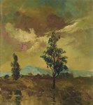 Aníbal Pinto de Mattos (Vassouras/RJ, 1889 Belo Horizonte/MG,1969), "Effeito de Céu". Óleo sobre madeira. Assinado. Datado de 1941. Med 44,5 x 32 cm (MI); 62 x 56,5 cm (ME) Nota no verso: "Effeito no céu", 49 º exposição do prof. Aníbal Mattos. Janeiro de 1941. Sujidade sobre a camada pictórica. Coleção Maria Flora Von Sperling Soares de Lima - Rio de Janeiro /RJ. Nota Biográfica:  foi um pintor, professor, crítico e curador de artes, além de escritor, teatrólogo, historiador e promotor cultural. Além disso, se interessava pela arqueologia e paleontologia, tendo explorado e coletado material arqueológico e fóssil em inúmeras grutas na região de Lagoa Santa, Confins, Lapinha e da serra do Cipó. Atuou em diferentes sociedades artísticas, científicas, culturais e esportivas em Minas Gerais, sendo, inclusive, presidente do Clube Atlético Mineiro e do Rotary Club de Belo Horizonte. Referência biográfica : https://pt.wikipedia.org/wiki/An%C3%ADbal_Mattos