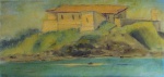 Sem assinatura aparente, " Forte de São Mateus - Cabo Frio". Óleo sobre tela, med 21 x 43 cm (MI); 27 x 48,5 cm (ME).  Presença de  dedicatória no verso. Espessa Sujidade sobre a camada pictórica. No estado. Acervo Particular Rio de Janeiro - RJ.