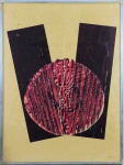 Maria Anna Olga Luiza Bonomi (Meina, Itália 1935), "Sem título". Xilogravura sobre papel japonês, EA (prova do Artista). Assinada e datada 1965. Med. 125 x 93 cm (MI); 129 x 97 cm (ME). Presença de  pontos de acidez e rasgo ao centro . Necessita de restauro. Coleção Particular Rio de Janeiro - RJ. Nota Biográfica: Cenógrafa e figurinista. Realiza cenários e figurinos de destaque nos anos 1960, principalmente ao lado do diretor Antunes Filho, com quem realiza trabalhos em que cenografia e encenação interagem num amálgama artístico de primeira grandeza.Opta pela nacionalidade brasileira em 1953, formando-se em desenho na Universidade de Columbia, Nova York, em 1956, tornando-se artista plástica.Seu primeiro trabalho como cenógrafa é em As Feiticeiras de Salém, de Arthur Miller, em 1960, para o Pequeno Teatro de Comédia. No ano seguinte, para essa mesma companhia, faz Sem Entrada e Sem Mais Nada, de Roberto Freire, ambos espetáculos de Antunes Filho, seu futuro marido.Em 1962, no Teatro Brasileiro de Comédia (TBC), está em Yerma, de Federico García Lorca, outra encenação de Antunes, levando o Prêmio Associação Paulista de Críticos de Teatro (APCT), de melhor figurino. Logo a seguir, faz A Morte do Caixeiro Viajante, de Arthur Miller, uma direção de Flávio Rangel para a casa. Para o Teatro da Esquina, empreendimento de Antunes e Ademar Guerra, Maria faz dois trabalhos de grande relevo: A Megera Domada, de William Shakespeare, em 1965, premiada com o Saci, Molière e APCT de melhor cenógrafa, e A Cozinha, de Arnold Wesker, 1968, em que ganha melhor cenografia pelo Prêmio Governador do Estado, ambos conduzidos por Antunes.Para o mesmo diretor, em 1967, cenografa Black-Out, de Frederick Knott, reproduzindo um autêntico apartamento nova-iorquino para ambientar a ação.Para o mesmo encenador cria, em 1970, os figurinos de Peer Gynt, de Henrik Ibsen, sendo novamente premiada. Em 1971, cria o apartamento do publicitário de Corpo a Corpo, de Oduvaldo Vianna Filho, sua última colaboração com Antunes Filho, de quem se separa em 1972. Com Ademar Guerra, no Paraná, faz dois trabalhos bem-sucedidos: A Colônia Cecília, de Renata Palottini, em 1984, e Noite na Taverna, de Álvares de Azevedo, 1989, duas superproduções envolvendo elencos numerosos.