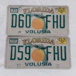 Lindas placas americanas sequenciais  de automóvel do estado da Florida, D59FHU e D60FHU,  Condado de Volusia,  medindo 15,5 x 30,5 cm, cada