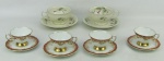 Cinco xícaras, sendo 2 para chá em porcelana Rosenthal, com pintura floral em policromia e 4 para café em porcelana Schimidt, anos 60, com detalhes em dourado.