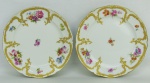 Par de pratos em porcelana alemã, com marca da manufatura KPM Berlim no verso, decorados com pintura floral em policromia e detalhes dourados em relevo. Minúsculos desgastes no dourado. Diam. 18,5cm.