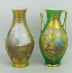 Dois pequenos vasos em opalina européia, policromados, decorados, um com pintura de cena angelical em reserva e o outro com paisagens. Detalhes em dourado. Um com perdas no dourado. Alt. 12cm.