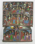 Romildo de Andrade (Olinda - 1942) - Arte Popular - Talha policromada com entalhes em relevo, representando "Cenas Bíblicas". Assinada. Med. 59,5x40,5cm. Artista entalhador brasileiro reconhecido por suas obras singulares, com temáticas gótica, utilizando portas e janelas antigas.