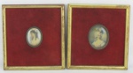 Duas pinturas miniaturas sobre celuloide - Bustos de Damas. Emolduradas. Med. pinturas 5x4 e 4x3cm. Med. com moldura 14,5x13,5cm.