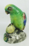 Estatueta em porcelana policromada, representando "Papagaio". Apresenta colagem nos pés, pequeno lascado na fruta e em um pé. Alt. 17,5cm.