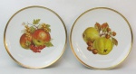Par de pratos decorativos em porcelana alemã Bavaria, tendo ao centro frutas em policromia. Borda filetada em dourado. Diam. 19,5 cm.