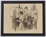 EDGARD COGNAT (Rio de Janeiro 1919 - 1994) Aula de Pintura - Giz de cera sobre papel assinado no CID e datado de 1942. med: 46 x 61cm (Obra) e 54 x 69cm (Total)